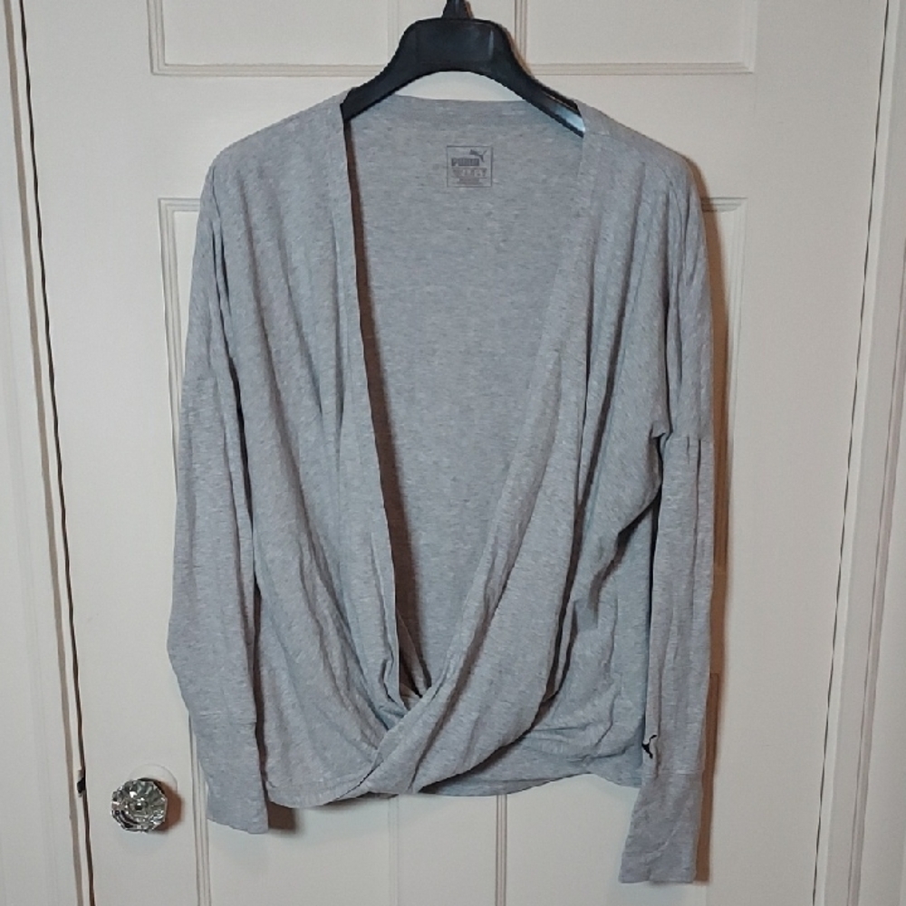 Puma Light Gray Open-Front Twist-Hem Draped Cardigan Sz XL